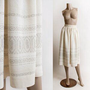 Vintage 1950s Cream Embroidered Midi Gold 50s Ethnic Pencil Skirt XS
